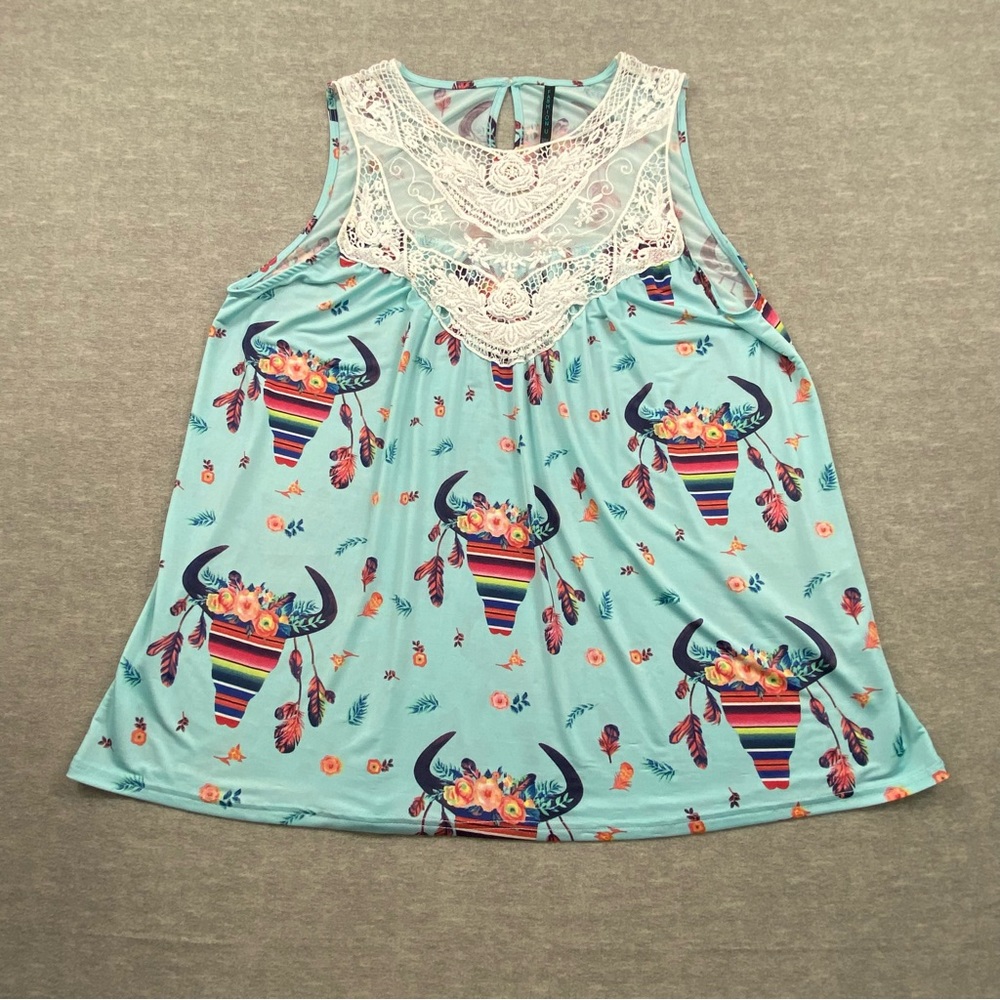 Fashion U Womens Multicolored Aztec Cow‎ and Lace Tank Top Size 1XL